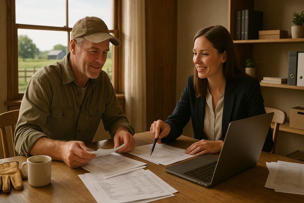 Farm owner reviewing finances with an accountant