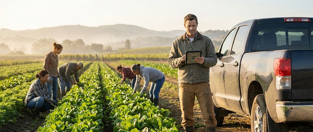 Farm manager processing payroll for workers