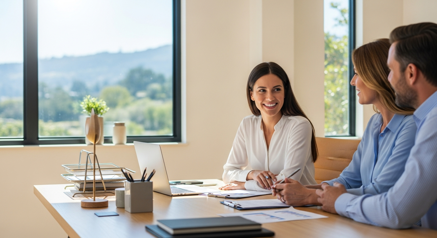 Trusted advisor meeting with small business owners in a bright Northern California office